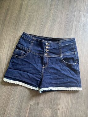 High-Waist Dark Blue Denim Shorts with Lace Trim